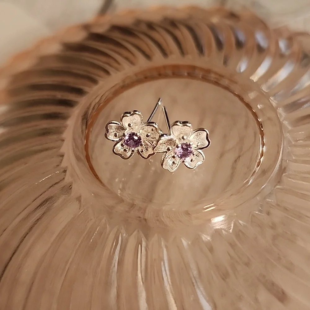 Plum Blossom 925 Flower Earrings - Picture 2 of 7